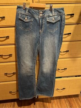 Miss Me Faded Blue Boot Leg Jeans with Decorative Flap Pockets